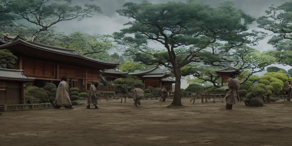 Prompt: a film still of a japanese samurai village in a japanese blockbuster film, landscape, shallow depth of field, cinematic, award winning cgi, vfx, film still