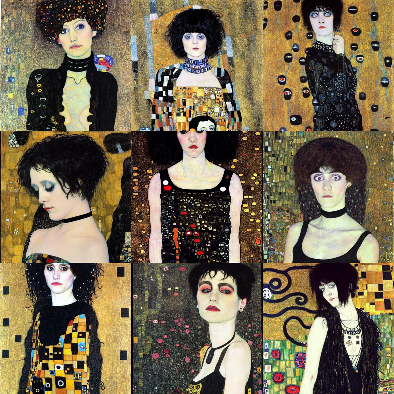 Prompt: an emo painted by gustav klimt. her hair is dark brown and cut into a short, messy pixie cut. she has large entirely - black evil eyes. she is wearing a black tank top, a black leather jacket, a black knee - length skirt, a black choker, and black leather boots.