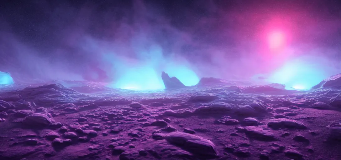 Prompt: dramatic view of an alien ice planet at night, astral nebula, giant ice formations with raytraced refraction, glowing dust, fog, dramatic lighting, ultra detailed, sharp, ambient occlusion, bloom, raytracing, vibrant, vivid colors, 3 d artstation render, cgsociety, by dylan cole and jordan grimmer