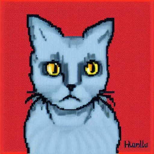 Image similar to full portrait painting of humanoid cat, pixel art style, 8 x 8.