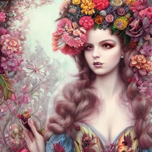 Prompt: pop surrealism, lowbrow art, realistic spanish woman painting, full covered dress, 🍁🌺🌫 with flowers, hyper realism, pastel colours, rococo, natalie shau, loreta lux, tom bagshaw, mark ryden, trevor brown style