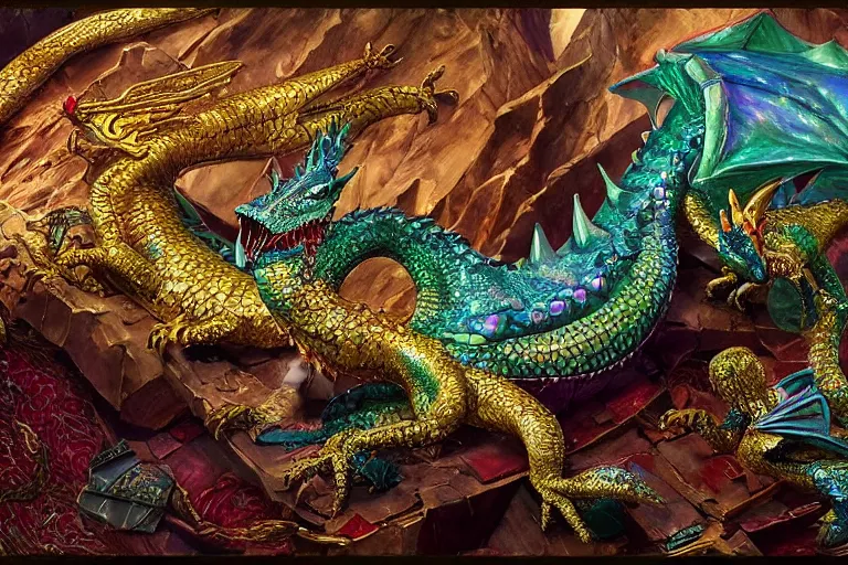 Image similar to a jeweled scaly dragon on top of treasure, by Warwick Goble and Howard Pyle, iridescent scales, heaps of gold, dramatic lighting, featured on artstation, unreal engine, extremely detailed