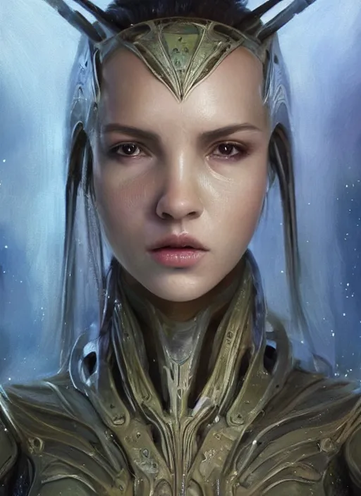 Image similar to a professional painting of a beautiful young female alien, clothed in ethereal armor, olive skin, long dark hair, beautiful bone structure, symmetrical facial features, intricate, elegant, digital painting, concept art, smooth, sharp focus, illustration, from Valerian and the City of a Thousand Planets, by Ruan Jia and Mandy Jurgens and Artgerm and William-Adolphe Bouguerea