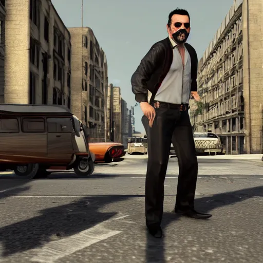 Prompt: a midage italian male, short black hair with gel, sharp teeth, overweight, fine white shirt, leather belt, black pants, leather shoes, smoking a cigar, full body, isolated background, gta v style, concept art, highly detailed, hyper realistic, unreal engine