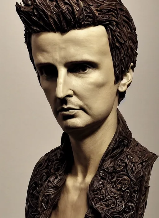 Image similar to sculpture of Matt Bellamy made of wood, portrait, female, future, wood, tree, harper's bazaar, vogue, magazine, insanely detailed and intricate, concept art, close up, ornate, luxury, elite, elegant, trending on artstation, by ruan jia, by Kenneth Willardt, by ross tran, by WLOP, by Andrei Riabovitchev,