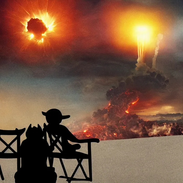 Image similar to cinematic movie, background blur bokeh, old man sitting in chair with black cat watching nuke explosion, world ending nuke, 4 k