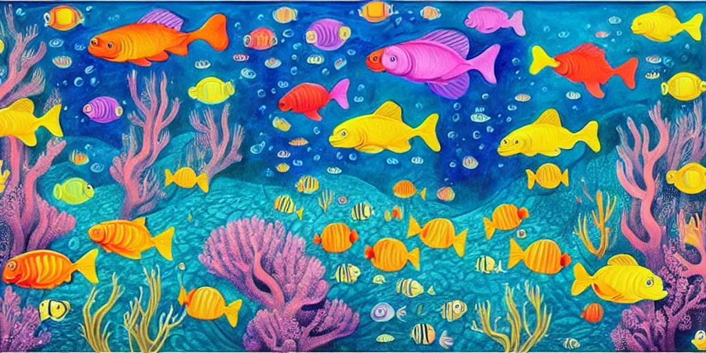 Image similar to a beautiful painting of an elaborate underwater scene painted by bosch and lisa frank