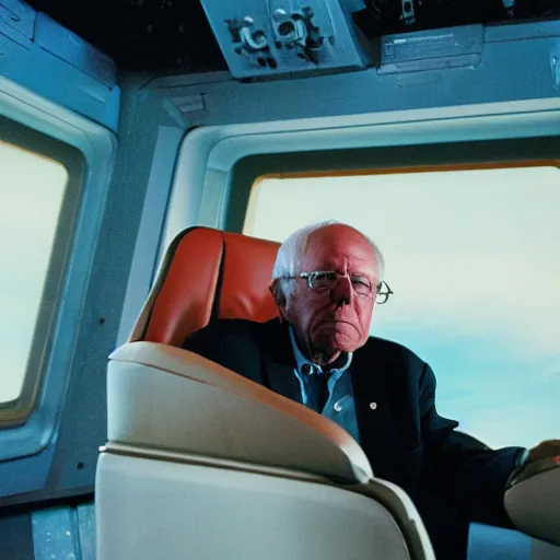 Image similar to Bernie Sanders on a spaceship, cinestill 800t 50mm, 4k, photography