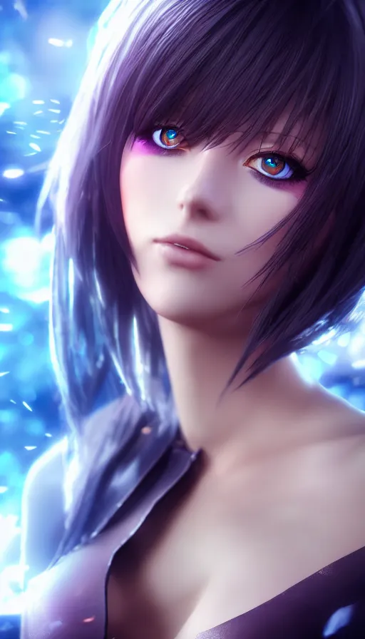 Image similar to render as a very beautiful 3d anime woman with short brown hair, blue eyes, heavy makeup, short smile, cinematic lightning, highly detailed, trending on Artstation, Unreal Engine 4k, cinematic wallpaper