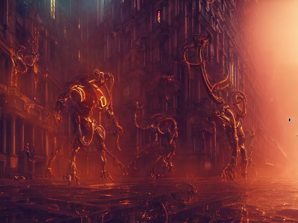 Prompt: an ancient beautiful cyborg of the elder gods in the city of London, colourful, dramatic lighting, golden hour, very detailed octane render very realistic beautiful