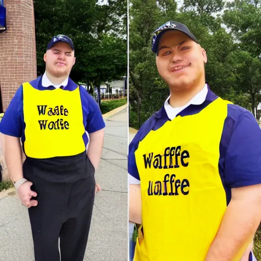 Image similar to wafflehouse employee's standing below wafflehouse sign, employees uniform is blue and black with yellow name tags