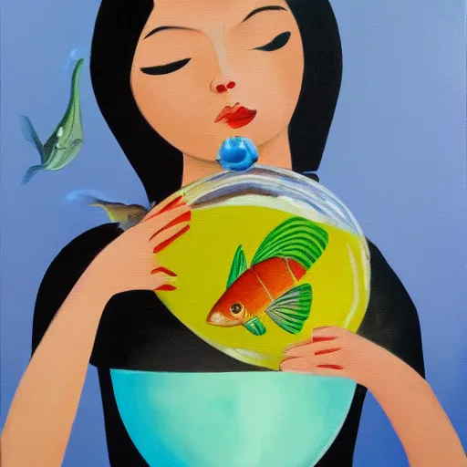 Prompt: a woman holding a fish bowl with fish inside. bow on top. oil on canvas