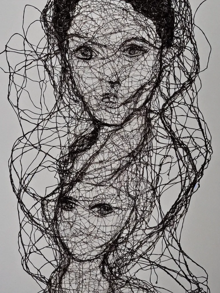 Image similar to metal wire art about an elegant woman. portrait influenced by egon schiele.