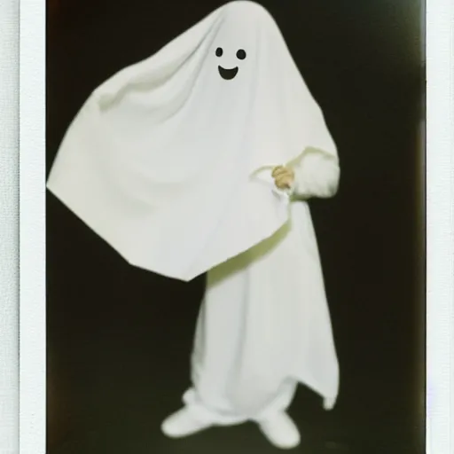 Image similar to a ghost in a white sheet ordering a happy meal, polaroid photograph,
