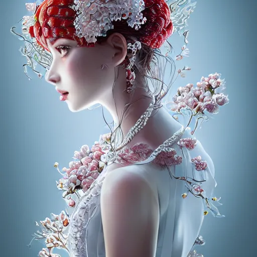 Image similar to the portrait of an absurdly beautiful, graceful, elegant, sophisticated, fashionable woman made of strawberries and white petals looking down, an ultrafine hyperdetailed illustration by kim jung gi, irakli nadar, intricate linework, bright colors, octopath traveler, final fantasy, unreal engine 5 highly rendered, global illumination, radiant light, detailed and intricate environment