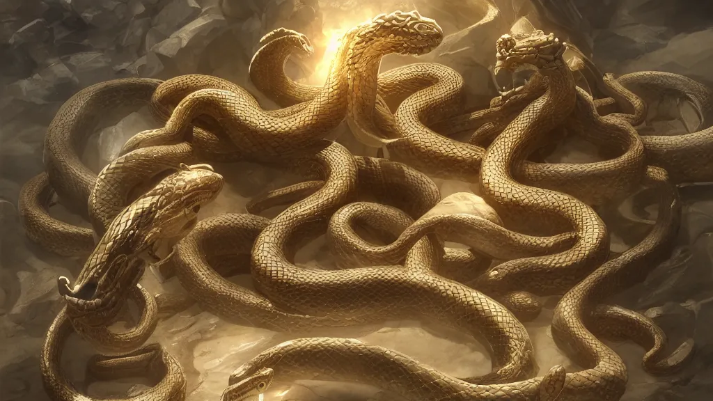 Image similar to marble temple, giant snakes, ribcage, gold, godrays, cgsociety,