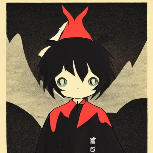 Image similar to mazoku, yokai boy, boy wearing vantablack cloak, vantablack cape