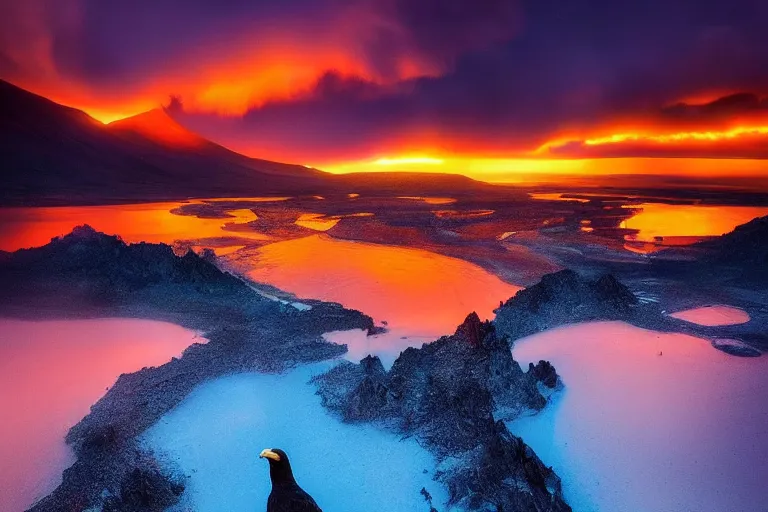 Image similar to amazing landscape photo of volcanic mountains with an eagle and lake in sunset by marc adamus beautiful dramatic lighting