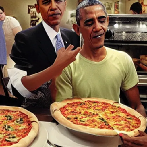 Prompt: “ diorama of barack obama serving pizza at an olive garden, actual photo, kind of like chuck e. cheese ”