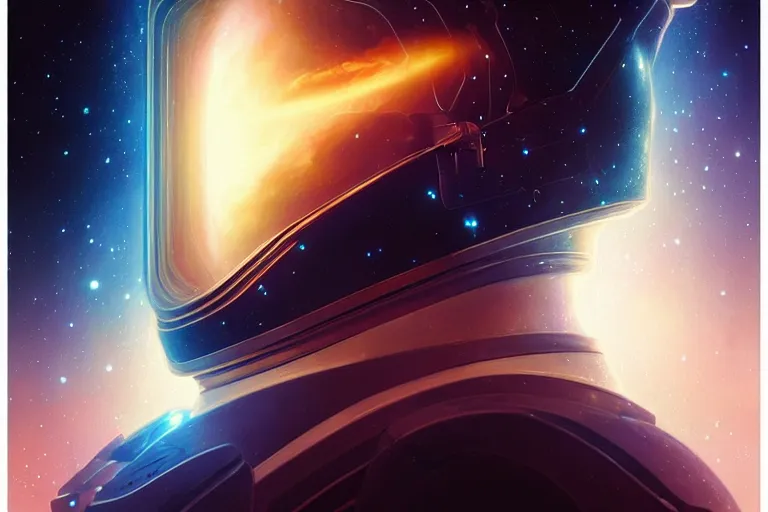 Image similar to Portrait of an astronaut reflective visor reflecting a nebula in space, portrait, elegant, intricate, digital painting, artstation, concept art, smooth, sharp focus, illustration, art by artgerm and greg rutkowski and alphonse mucha