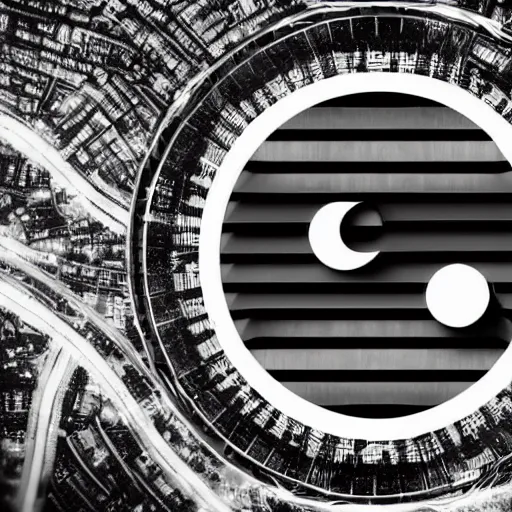 Image similar to a faint yin - yang daoist symbol superimposed on the futuristic cityscape in a utopian well - organized society, black and white multiscale