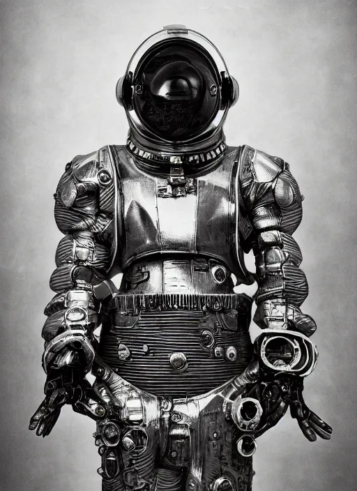 Image similar to old wetplate daguerreotype portrait of a futuristic silver armored space astronaut cyborg, fractal, intricate, elegant, highly detailed, parallax, leica, medium format, subsurface scattering, by jheronimus bosch and greg rutkowski and louis jacques mande daguerre