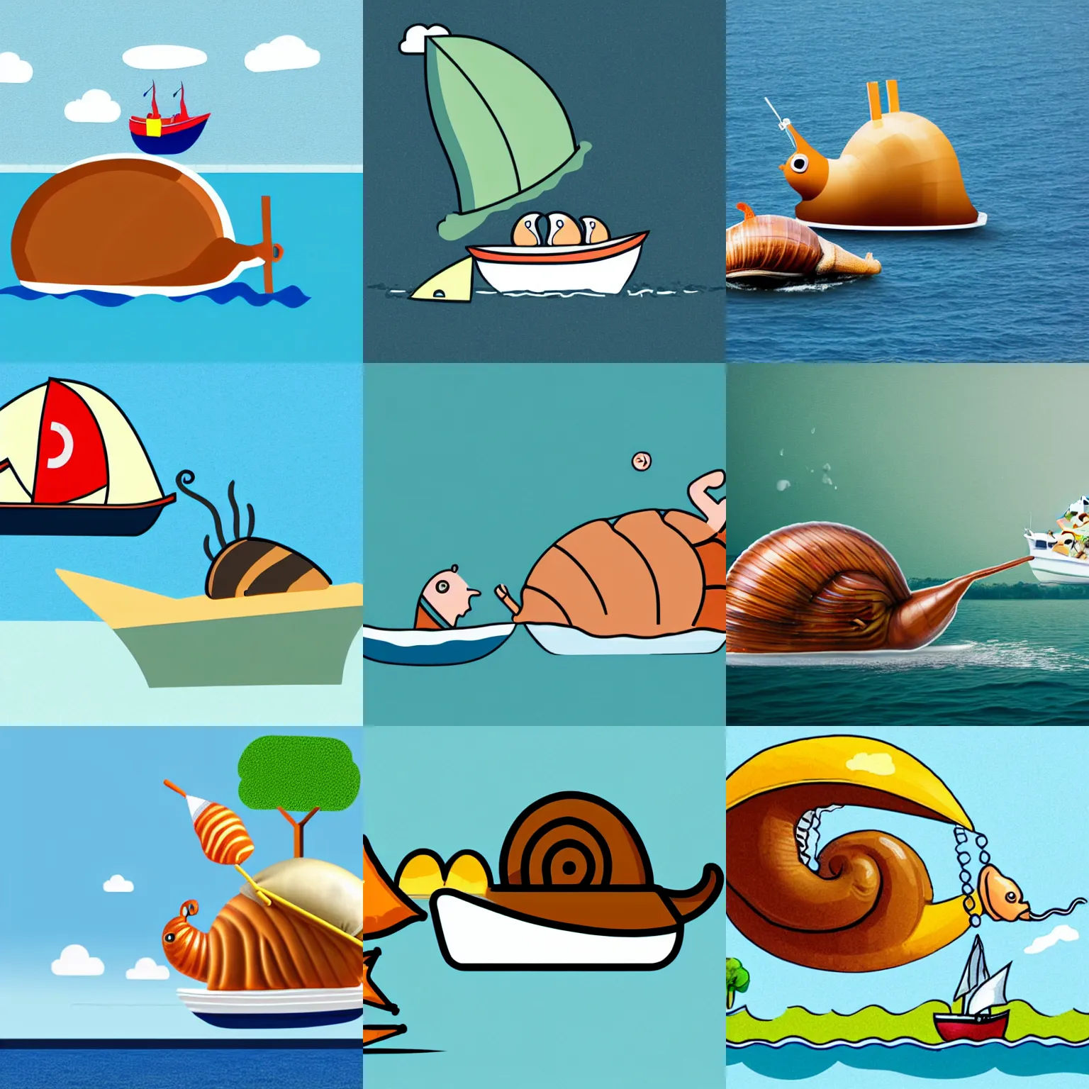 Prompt: A boat sailing into the mouth of a giant snail that is working a boring office job