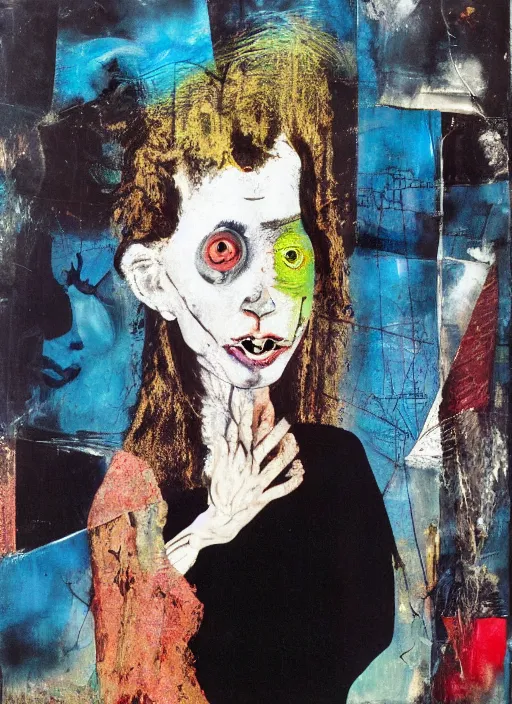 Prompt: brutal black clothes, girl with white eyes, grotesque, doomed, acrylic paint, high resolution gouache on canvas, ugly vibrant colors, neural art, grotesque, wrapped blue background, art francis bacon, collage by joseph cornell