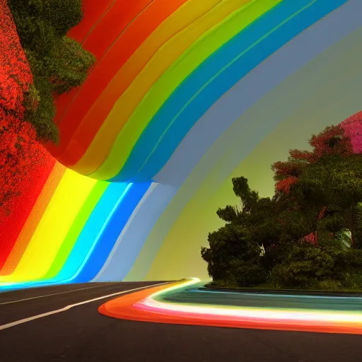 Prompt: Rainbow Road, the image is like beautiful dream, 4k post-processing highly detailed, art station, unreal engine + cinematography by Wes Anderson, Wide angle shot, futuristic, volumetric light, Fuji film, intricate detail, hyperreal, hyperrealistic, 4K, Octane render, unreal engine cinematic, sublime atmosphere,