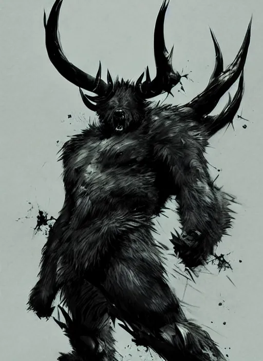 Image similar to A horned bear spirit with sharp claws. In style of Yoji Shinkawa and Hyung-tae Kim, trending on ArtStation, dark fantasy, great composition, concept art, highly detailed.