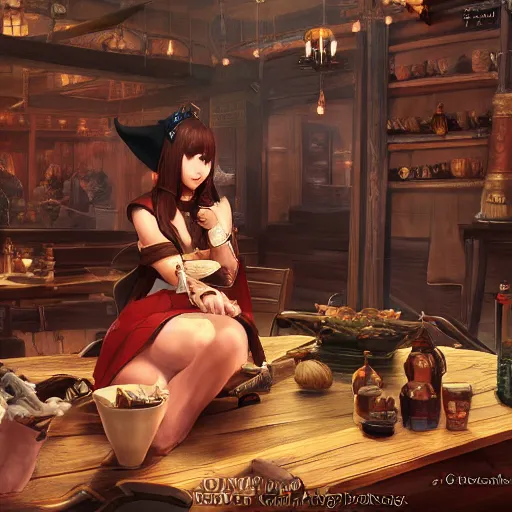 Image similar to Yda from FFXIV sitting down in a tavern, ultra detailed, fantasy, artstation, matte