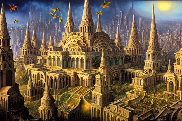 Image similar to a beautiful stunning insanely detailed fantasy matte painting of a byzantine cathedral city buzzing with activity and magical creatures by Heironymous Bosch and Jim Burns and James Gurney