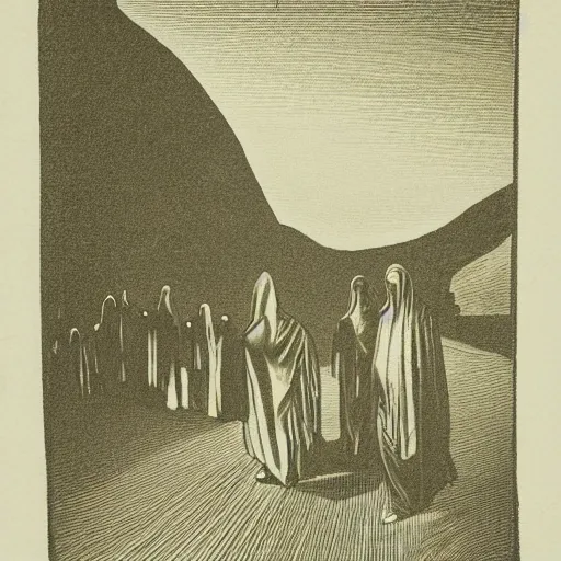 Image similar to A Holy Week procession of four souls in a Spanish landscape at night. A figure at the front holds a cross. By Carl Gustav Carus, Edward Hopper. Symetrical, logo, geometric shapes.