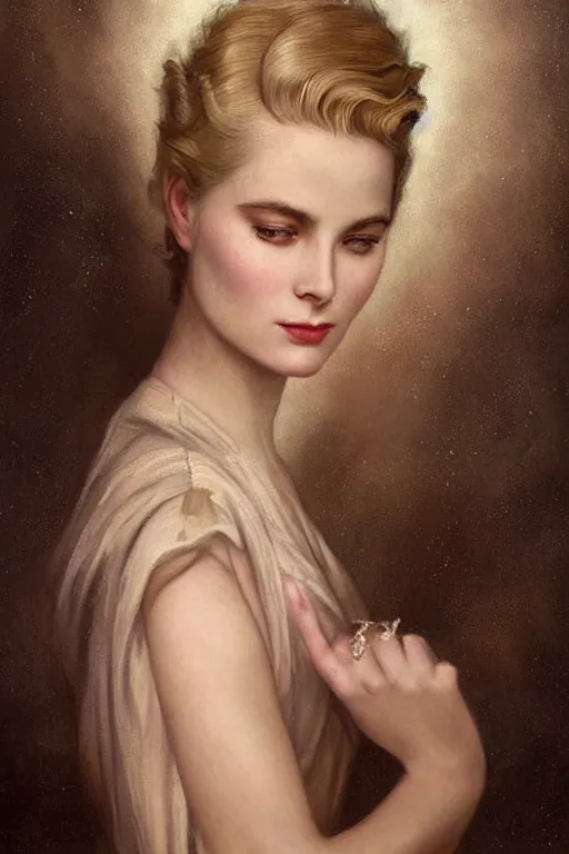 Prompt: a young, sobbing, and extremely beautiful grace kelly infected by night by tom bagshaw in the style of a modern gaston bussiere, art nouveau, art deco, surrealism. extremely lush detail. melancholic scene infected by night. perfect composition and lighting. sharp focus. profoundly surreal. high - contrast lush surrealistic photorealism. sobbing, anguish.