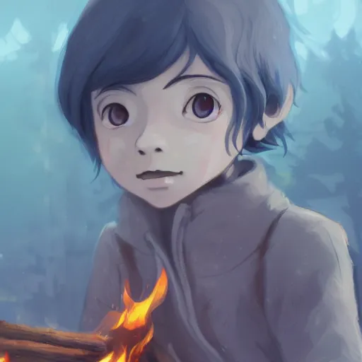 Image similar to a child with grey skin with blues and short brown hair, holding fire, forest background, highly detailed, digital painting, artstation, matte, by makoto shinkai, studio ghibli, animation style