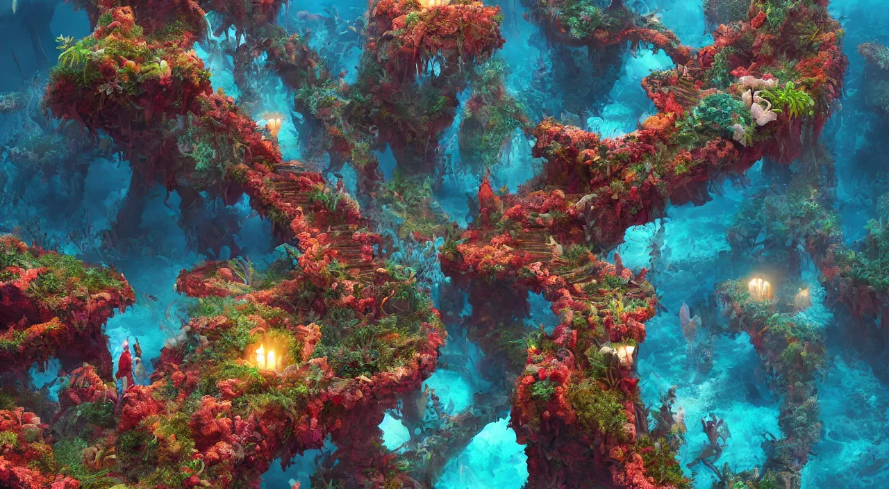 Prompt: demonic satan staircase in a coral reef, painting overlay by beeple by Raffaello Sanzi and Chao Teng Zhao, centered,pixar and dremwork artstation, smooth, sharp focus, octane render, 3d rim light