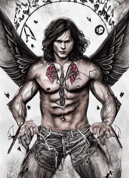 Prompt: Sam Winchester as a aesthetic muscular angel with big open wings, a cross pendant and religious tattoos on chest and neck, stained and bleeding, magic overlays, magic flames, open portal with runes in the background, romance book cover style, D&D illustration!!!!!!!, fantasy style, sharp focus, ultra detailed, art by Artgerm and Peter Andrew Jones, Ayami Kojima, Amano and Olivier Ledroit