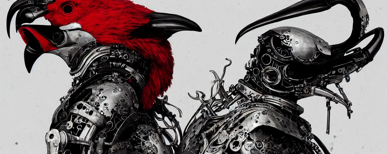 Image similar to duotone red black white concept illustration of 3 / 4 portrait of rooster as detailed steampunk automaton cyborg with plague doctor beak mask. cinematic volumetric lighting. golden ratio accidental renaissance. by sachin teng and sergey kolesov and ruan jia and heng z. graffiti art, scifi, fantasy, hyper detailed. octane render. concept art. trending on artstation