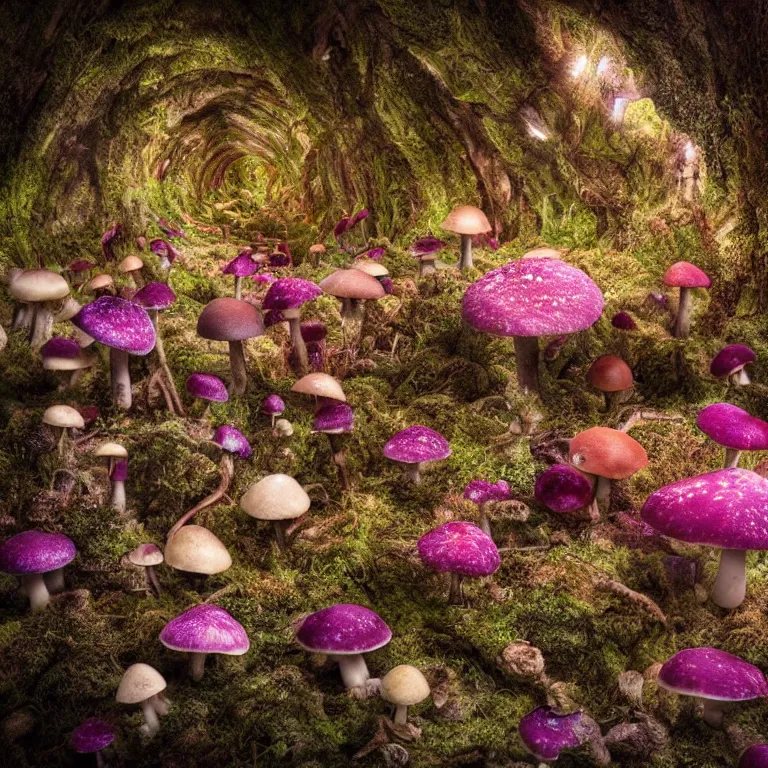 Image similar to a planet of various fungus, mushrooms, flowers and plants, inside the picture is infinity, Atmospheric, artistic photography, conceptual, long exposure outside the city, volumetric light