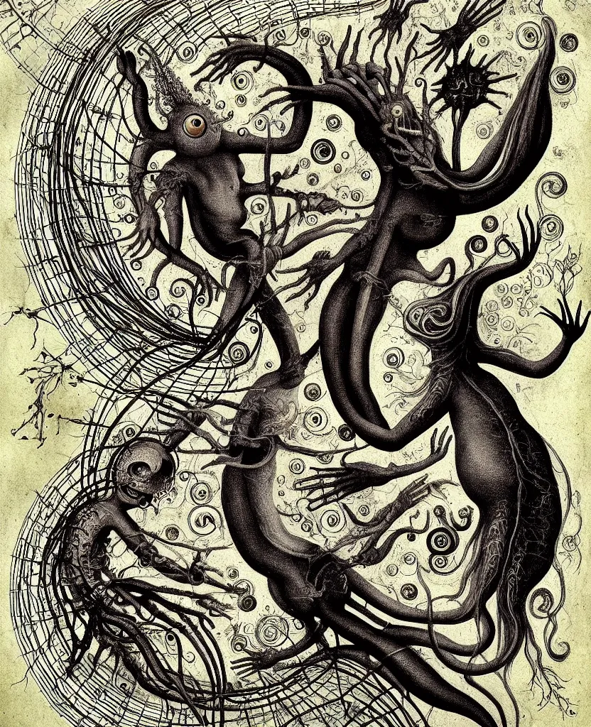 Image similar to whimsical freaky creature sings a unique canto about'as above so below'being ignited by the spirit of haeckel and robert fludd, breakthrough is iminent, glory be to the magic within, painted by ronny khalil