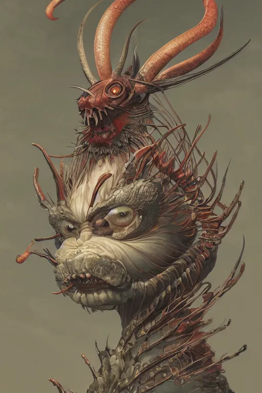 Image similar to a portrait of a parasite japanese devil animal illustrated by miyazaki by karol bak, james jean, tom bagshaw, rococo, sharp focus, trending on artstation, cinematic lighting, hyper realism, octane render, 8 k, hyper detailed, vivid, ultra detailed, highly detailed