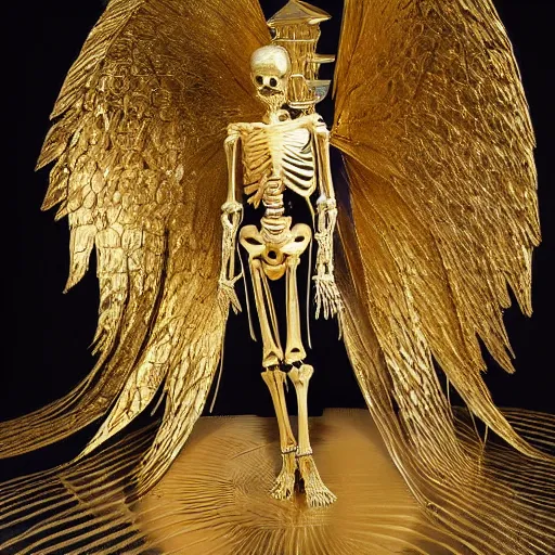 Image similar to an anatomical correct angel male skeleton covered in 2 4 k gold leaf, the skeleton is in the middle of a futuristic museum, photographed by andrew thomas huang