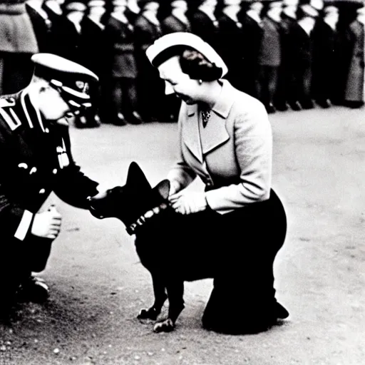 Image similar to ultra wide 1 9 4 6 historical photo of a single german general kneeling to pet a corgi, a young queen elizabeth watches him, french village exterior, highly detailed, sharp focus