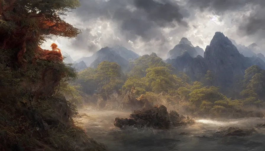 Image similar to excellent painted daemon in a wide epic beautiful landscape somewhere in asia with fluffy clouds, painted by Hans Fredrik Gude, Greg Rutkowksi, Craig Mullins and Artgerm, masterpiece, 4k, ultra realistic highly detailed oil painting