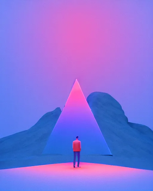 Image similar to a man standing in the middle of a mountain with a glowy neon triangle, a render by filip hodas, behance contest winner, environmental art, rendered in cinema 4 d, volumetric lighting