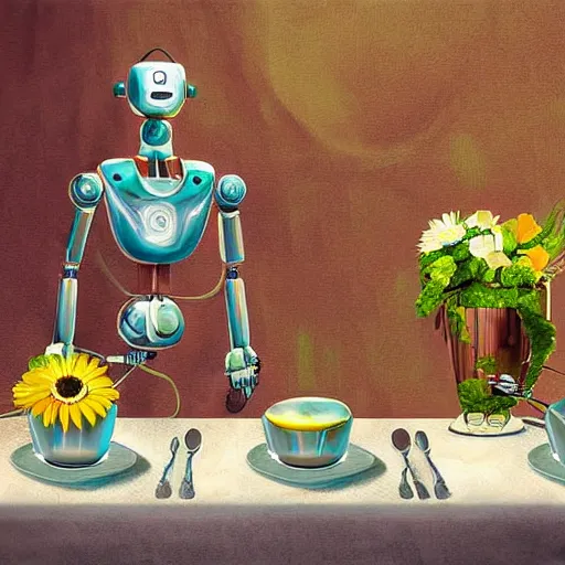 Prompt: robots sitting on a table and dining, flowers as deco on the tables, digital art