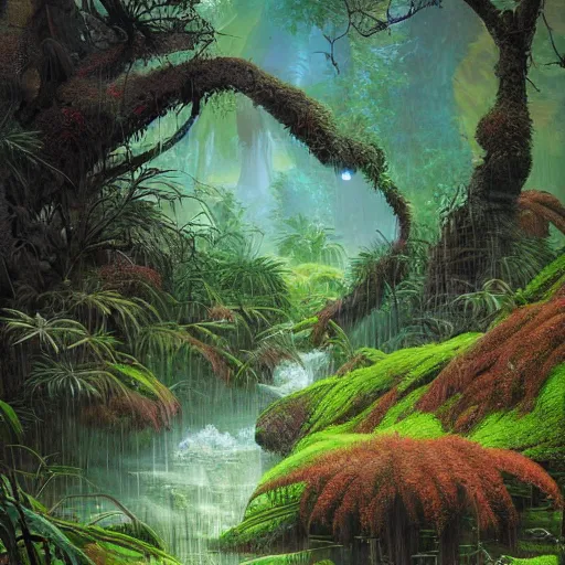 Image similar to digital painting of a lush wet natural scene on an alien planet by gerald brom. digital render. detailed. beautiful landscape. colourful weird vegetation.