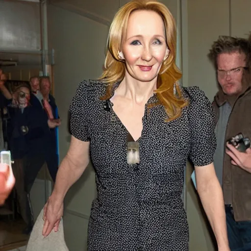 Prompt: mischievous jk rowling walking into men's bathroom