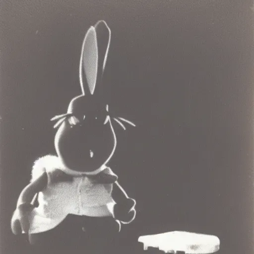 Image similar to a polaroid photography of roger rabbit doing drugs, black and white, blurry, secret photo