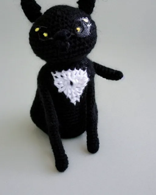 Image similar to cute crocheted black cat wearing a tuxedo, calico critter